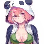  :o ahoge animal_costume animal_hood bangs blush bra breasts collarbone commentary_request crossed_bangs eyebrows_visible_through_hair green_bra hair_between_eyes hair_ornament hairclip head_tilt hood hood_up jewelry looking_at_viewer medium_breasts mole mole_under_eye multicolored_hair nijisanji panda_costume pink_eyes pink_hair sasaki_saku shiny shiny_hair short_eyebrows short_hair shu-mai simple_background single_earring solo streaked_hair underwear upper_body white_background white_hair 