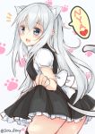  alternate_costume animal_ears black_dress blue_eyes blush cat_ears cat_tail commentary_request dress eyebrows_visible_through_hair frilled_dress frills hair_between_eyes heart hibiki_(kantai_collection) kantai_collection kemonomimi_mode long_dress long_hair looking_at_viewer open_mouth silver_hair solo sou_(soutennkouchi) tail twitter_username 
