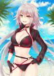  :d ahoge bangs beach bikini black_bikini black_choker black_gloves black_jacket blue_sky blurry blurry_background breasts brown_eyes choker cleavage cloud cloudy_sky collarbone commentary_request day depth_of_field eyebrows_visible_through_hair fate/grand_order fate_(series) gloves hair_between_eyes hand_on_hip horizon jacket jeanne_d'arc_(alter_swimsuit_berserker) jeanne_d'arc_(fate)_(all) large_breasts long_hair long_sleeves looking_at_viewer navel o-ring o-ring_bikini o-ring_bottom o-ring_top ocean open_mouth outdoors sand sato_ame shrug_(clothing) silver_hair sky smile solo standing swimsuit very_long_hair water 