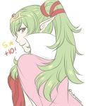  adricarra cape chiki dress fire_emblem fire_emblem:_kakusei fire_emblem:_monshou_no_nazo green_eyes green_hair long_hair mamkute older pointy_ears ponytail red_dress short_dress simple_background smile solo 