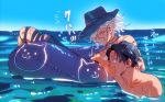  black_hair blue_sky day edmond_dantes_(fate/grand_order) fate/grand_order fate_(series) fujimaru_ritsuka_(male) glasses hat highres innertube looking_at_another male_focus monte_cristo_selection multiple_boys ocean silver_hair sky swimming zero-souma 