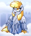  2018 absurd_res amber_eyes blep blonde_hair chest_tuft cloud cute cutie_mark derp_eyes derpy_hooves_(mlp) equine eyebrows eyelashes feathered_wings feathers female feral friendship_is_magic fur grey_feathers hair hi_res hooves mammal my_little_pony nude outside pegasus portrait sitting sky smile solo tongue tongue_out tuft underhoof wings witchtaunter 