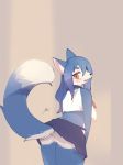  2018 anthro blue_hair blush breasts canine clothed clothing electrycpynk female fur grey_background hair hi_res long_hair looking_back mammal open_mouth pussy signature simple_background solo upskirt 