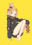  abigail_williams_(fate/grand_order) alternate_hairstyle bandaid_on_forehead bangs belt black_bow black_jacket blonde_hair blue_eyes bow commentary fate/grand_order fate_(series) feet forehead hair_bow hair_bun heroic_spirit_traveling_outfit high_collar highres holding holding_stuffed_animal jacket kikistark knees_up legs long_hair long_legs looking_at_viewer orange_bow parted_bangs polka_dot polka_dot_bow simple_background sleeves_past_fingers sleeves_past_wrists solo stuffed_animal stuffed_toy teddy_bear thighs yellow_background 