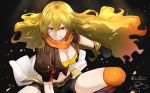  belt black_gloves black_shorts blonde_hair breasts brown_jacket buckle cleavage clenched_hand cropped_jacket eyebrows_visible_through_hair fighting_stance gloves grin hair_between_eyes highres isshiki_(ffmania7) jacket kneehighs large_breasts long_hair midriff orange_scarf over-kneehighs puffy_short_sleeves puffy_sleeves red_eyes rwby scarf short_sleeves shorts smile squatting thighhighs waist_cape wavy_hair yang_xiao_long yellow_crop_top 