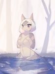  2018 anthro blush breasts electrycpynk feline female front_view hair hi_res kneeling mammal navel nipples nude outside partially_submerged purple_eyes signature smile solo water white_hair 