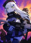  assault_rifle back beret black_legwear breasts brown_hair girls_frontline gloves green_eyes gun hair_ornament hat heckler_&amp;_koch highres hk416 hk416_(girls_frontline) holding holding_gun holding_weapon jacket long_hair mephist-pheles multiple_girls parted_lips rifle silver_hair sunset thighhighs twintails ump45_(girls_frontline) ump9_(girls_frontline) weapon white_gloves 