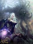  bat_wings bodysuit breasts cleavage copyright_name gloves highres horns legend_of_the_cryptids lipstick long_hair magic_circle makeup monster official_art purple_eyes rock single_glove solo tentacles white_hair wings 