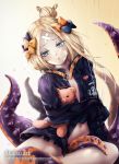  :o abigail_williams_(fate/grand_order) akais bandaid_on_forehead bangs belt black_bow blonde_hair blue_eyes blush bow fate/grand_order fate_(series) hair_bow hair_bun heroic_spirit_traveling_outfit highres holding holding_stuffed_animal long_hair looking_at_viewer navel orange_bow parted_bangs pocket polka_dot polka_dot_bow simple_background solo stuffed_animal stuffed_toy teddy_bear tentacles watermark web_address white_string 