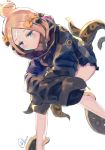  abigail_williams_(fate/grand_order) absurdres alternate_hairstyle bandaid_on_forehead bangs belt black_bow black_jacket blonde_hair blue_eyes blush bow commentary_request fate/grand_order fate_(series) forehead hair_bow hair_bun heroic_spirit_traveling_outfit high_collar highres jacket legs long_hair looking_at_viewer orange_bow parted_bangs polka_dot polka_dot_bow simple_background sitting sleeves_past_fingers sleeves_past_wrists solo tentacles thighs white_background yonago_miko 