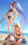  bangs bikini black_bikini black_hair blonde_hair blue_eyes commentary facial_mark fate/grand_order fate_(series) forehead_mark highres horns ibaraki_douji_(fate/grand_order) ibaraki_douji_(swimsuit_lancer)_(fate) jacket long_hair looking_at_viewer navel oni oni_horns otsukemono parted_bangs pointy_ears side_ponytail swimsuit translated ushiwakamaru_(fate/grand_order) ushiwakamaru_(swimsuit_assassin)_(fate) very_long_hair 