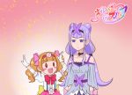  :d aisaki_emiru bangs bare_shoulders blunt_bangs blush_stickers bow bowtie brown_hair chibi choker commentary_request empty_eyes frown gloves hairband height_difference hugtto!_precure koyukiyasu long_hair multiple_girls open_mouth pink_skirt precure purple_eyes purple_hair red_neckwear ruru_amour skirt smile suspenders twintails white_gloves 