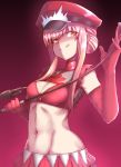  alluring_chief_warden_look boro_bukuro breasts cleavage closed_mouth elbow_gloves eyebrows_visible_through_hair fate/grand_order fate_(series) gloves gradient gradient_background groin hat holding long_hair medb_(fate)_(all) medb_(fate/grand_order) navel peaked_cap pink_gloves pink_hair pink_skirt red_hat riding_crop sidelocks skirt small_breasts smile solo tied_hair tongue tongue_out yellow_eyes 