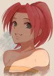  bangs bare_shoulders breasts commentary_request dress green_eyes high_ponytail legaia_densetsu looking_at_viewer noa_(legaia_densetsu) open_mouth ponytail red_hair short_hair short_ponytail small_breasts smile solo strapless tubetop yume_sai 