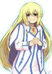  absurdres bangs blonde_hair blue_eyes blue_outline blush choker collet_brunel commentary_request dated eyebrows_visible_through_hair happy highres interlocked_fingers jewelry juugoya_(zyugoya) long_hair long_sleeves looking_at_viewer necklace outline own_hands_together robe signature simple_background smile solo tales_of_(series) tales_of_symphonia very_long_hair white_background 
