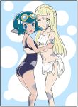  bikini blonde_hair blue_eyes blue_hair braid commentary_request crown_braid dirty_clothes dirty_face from_side goggles goggles_on_head green_eyes hideyuki_i lillie_(pokemon) long_hair looking_to_the_side midriff mud multiple_girls navel one-piece_swimsuit one_eye_closed open_mouth pokemon pokemon_(anime) pokemon_sm_(anime) sarong short_hair smile standing suiren_(pokemon) swimsuit white_bikini white_sarong 