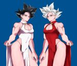  2boys bare_shoulders black_hair breasts cleavage dosukebemaru dragon_ball dragon_ball_super dress earrings jewelry looking_at_viewer male_focus multiple_boys muscle silver_hair son_gokuu thong ultra_instinct 