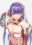  1girl ;) bangs blue_earrings blue_eyes blunt_bangs breasts cleavage commentary_request earrings eyebrows_visible_through_hair fate/grand_order fate_(series) gloves hand_on_hip jewelry kanki_(kibunhasaikou) large_breasts long_hair navel one_eye_closed open_mouth purple_hair red_gloves red_legwear saint_martha smile solo thighhighs 