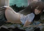  absurdres aqua_eyes ass back bangs bed bed_sheet black_hair blue_neckwear blurry blurry_background blush breath bsue butt_crack buttons cityscape cloud cloudy_sky curtains hair_between_eyes heavy_breathing highres idolmaster idolmaster_cinderella_girls indoors jacket jacket_removed long_hair looking_at_viewer lying midriff necktie night on_stomach open_mouth pillow pleated_skirt rain school_uniform shibuya_rin shirt shirt_lift short_sleeves skirt skirt_pull sky solo striped striped_neckwear undone uniform wall water_drop wet wet_clothes wet_hair wet_shirt white_shirt window 