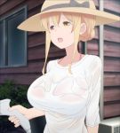  blonde_hair hat highres screencap shirt solo stitched straw_hat sunohara_ayaka sunoharasou_no_kanrinin-san third-party_edit wet wet_clothes wet_shirt yellow_eyes 