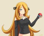  1girl 2017 artist_name black_nails blonde_hair blush breasts brown_background creatures_(company) dated eyebrows_visible_through_hair eyes_visible_through_hair fingernails game_freak grey_eyes hair_ornament hair_over_one_eye holding holding_poke_ball jewelry large_breasts long_hair looking_at_viewer myukuni nail_polish necklace nintendo off_shoulder poke_ball pokemon pokemon_(game) pokemon_dppt shirona_(pokemon) simple_background smile solo standing upper_body 