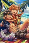  1girl abs beach_towel black_hair blue_eyes camouflage creature fate/grand_order fate_(series) fou_(fate/grand_order) fujimaru_ritsuka_(female) fujimaru_ritsuka_(male) hawaiian_shirt highres jewelry looking_at_viewer mento necklace ocean open_clothes open_shirt orange_hair palm_tree shirt shore shorts smile sunglasses tan tied_shirt towel tree tropical_summer v yellow_eyes 