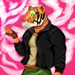  5_fingers anthro cigarette clothed clothing coffeewithdicks crx feline front_view fully_clothed fur gloves hi_res jacket male mammal orange_fur pants shirt smoking solo stripes tiger 