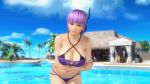  1girl 3d ayane_(doa) bikini breasts cleavage cloud dead_or_alive large_breasts palm_tree purple_hair red_eyes sky solo swimsuit tree water 
