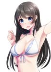  :d bangs bare_shoulders bikini blue_eyes blush breasts brown_hair collarbone commentary_request eyebrows_visible_through_hair fang front-tie_bikini front-tie_top hair_between_eyes hand_up head_tilt long_hair looking_at_viewer medium_breasts nekobaka open_mouth original outstretched_arm reaching_out self_shot sidelocks simple_background smile solo swimsuit very_long_hair white_background white_bikini 