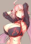  armpits arms_behind_head arms_up bikini black_bikini blush breasts covered_nipples fate/grand_order fate_(series) huge_breasts jeanne_d'arc_(alter_swimsuit_berserker) jeanne_d'arc_(fate)_(all) kagami_uekusa long_hair looking_at_viewer pink_hair shrug_(clothing) swimsuit upper_body yellow_eyes 