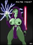  2018 anthro big_breasts breasts clothed clothing colored darth_viper female hi_res hood lightning lightsaber loincloth looking_at_viewer reptile scalie shaded simple_background skianous slo snake solo star_wars tongue tongue_out topless viper white_background 