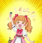  1girl :d aisaki_emiru bangs blunt_bangs blush_stickers bow brown_hair dress drooling hair_bow heybot! heybot_(character) hugtto!_precure koyukiyasu long_hair open_mouth pink_dress precure puffy_short_sleeves puffy_sleeves red_bow screw seiyuu_connection short_sleeves smile squiggle tamura_nao translated twintails yellow_background 