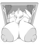  alligator anthro bea_(nitw) big_breasts breasts crocodilian female greyscale huge_breasts hyper hyper_breasts jewelry looking_at_viewer monochrome necklace night_in_the_woods nipples reptile scalie solo spazman window 