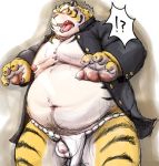  2016 barazoku blush clothed clothing facing_aside feline flaccid fundoshi humanoid_penis japanese_clothing kemono kotobuki looking_at_penis male mammal muscular obese overweight partially_clothed penis portrait simple_background solo standing sweat three-quarter_portrait tiger uncut underwear uniform white_background 