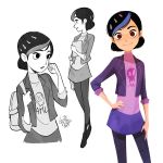  2017 backpack bag bangs black_hair blue_hair book claire_nunez gurihiru hair_behind_ear hair_ornament hairclip hand_on_hip highres jacket lipstick makeup miniskirt multicolored_hair multiple_views pantyhose profile short_hair signature skirt skull smile streaked_hair swept_bangs trollhunters:_tales_of_arcadia two-tone_hair 