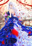  azur_lane backless_dress backless_outfit bangs bare_shoulders belfast_(azur_lane) blue_dress blue_eyes blue_ribbon blurry blurry_background blurry_foreground blush bouquet breasts brown_flower brown_rose closed_mouth commentary_request detached_sleeves dress earrings eyebrows_visible_through_hair flower glint hair_between_eyes head_tilt highres holding holding_bouquet indoors jewelry large_breasts long_hair looking_at_viewer looking_back petals pink_flower pink_rose purple_flower purple_rose red_ribbon ribbon rose see-through silver_hair smile solo stairs standing strapless strapless_dress swordsouls tiara veil very_long_hair yellow_flower 
