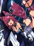  :d all_fours animal_ear_fluff animal_ears ass bangs bare_shoulders breasts cleavage elbow_gloves fang fox_ears fox_girl from_side gloves haik hair_between_eyes headgear medium_breasts open_mouth original out_of_frame panties red_hair smile solo_focus thighhighs underwear yellow_eyes 