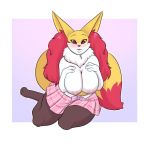  2018 anthro areola big_breasts bikini bikini_bottom blush braixen breasts clothed clothing fan_character female holding_breast huge_breasts inner_ear_fluff lavenderpandy looking_at_viewer mane nintendo nipples open_mouth pok&eacute;mon pok&eacute;mon_(species) red_eyes red_nose seraphine_(roflfox) sitting solo swimsuit topless video_games 