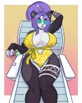  2018 alcohol anthro bear beverage big_breasts black_fur breasts chair cleavage clothed clothing eyewear female fur hair hand_behind_head holding_object kamea_(maleklattesh) lavenderpandy looking_at_viewer mammal one-piece_swimsuit panda ponytail purple_hair sitting solo sunglasses swimsuit white_fur 