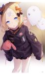  :o abigail_williams_(fate/grand_order) absurdres artist_name balloon bangs black_bow black_jacket blonde_hair blue_eyes bow commentary_request crossed_bandaids eyebrows_visible_through_hair fate/grand_order fate_(series) fou_(fate/grand_order) hair_bow hair_bun head_tilt heroic_spirit_traveling_outfit highres holding holding_balloon ion_(on01e) jacket leaning_forward long_hair long_sleeves looking_at_viewer medjed object_hug open_mouth orange_bow parted_bangs polka_dot polka_dot_bow signature sleeves_past_fingers sleeves_past_wrists solo star stuffed_animal stuffed_toy teddy_bear 