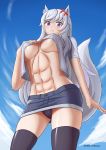  1girl 2018 abs animal_ears artist_name breasts character_request cloud copyright_request dated erect_nipples eyebrows_visible_through_hair eyes_visible_through_hair flower fox_ears from_below hair_flower hair_ornament hand_on_own_chest large_breasts light_blush long_hair looking_at_viewer muscle myukuni navel no_bra outdoors panties purple_eyes silver_hair skirt sky solo standing tail thighhighs underboob underwear upskirt wavy_mouth zettai_ryouiki 