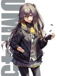  armband background_text bangs black_jacket bullet commentary crossed_bangs enmr39_(anonyma) fingerless_gloves girls_frontline gloves hand_in_pocket hood hood_down hooded_jacket jacket juggling long_hair one_side_up open_mouth pantyhose ribbon scar scar_across_eye side_ponytail silver_hair solo throwing ump45_(girls_frontline) very_long_hair yellow_eyes 
