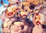  307_(aho307) :d anila_(granblue_fantasy) black_skirt blonde_hair blue_sky blurry blurry_background breasts cleavage cloud commentary curled_horns day depth_of_field draph floating_hair fur_collar granblue_fantasy horns huge_breasts long_hair long_sleeves open_mouth outstretched_arms pleated_skirt riding sheep sheep_horns skirt sky smile solo spread_arms thighhighs white_legwear yellow_eyes 