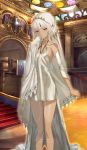  altera_(fate) breasts choker commentary craft_essence dark_skin detached_sleeves dress fate/grand_order fate_(series) full_body_tattoo heroic_spirit_formal_dress huke official_art red_eyes shawl short_dress small_breasts solo stairs tattoo veil white_dress white_hair white_sleeves 