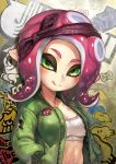 :q bandana bra breasts commentary_request green_eyes green_jacket hands_in_pockets highres jacket kousaku looking_at_viewer medium_breasts navel octoling open_clothes open_jacket outie_navel pink_hair pointy_ears short_hair smile solo splatoon_(series) splatoon_2 sports_bra suction_cups tentacles tongue tongue_out underwear upper_body white_bra 