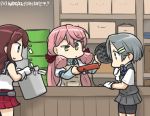  akashi_(kantai_collection) apron bike_shorts brown_hair commentary_request dated drum_(container) gloves green_eyes grey_hair hachimaki hair_ribbon hamu_koutarou headband kantai_collection kuroshio_(kantai_collection) long_sleeves multiple_girls noshiro_(kantai_collection) pink_hair pleated_skirt pot price_tag ribbon school_uniform serafuku shelf short_hair skirt takoyaki_pan tress_ribbon white_gloves yellow_eyes 