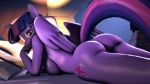  2017 3d_(artwork) absurd_res anthro bed bedroom bedroom_eyes book breasts butt cutie_mark digital_media_(artwork) equine eyebrows eyelashes feathered_wings feathers female friendship_is_magic hair half-closed_eyes hand_on_chin hi_res horn inside lamp looking_at_viewer lying mammal multicolored_hair my_little_pony nude on_bed on_front phantim pose purple_eyes purple_feathers seductive side_boob smile solo source_filmmaker twilight_sparkle_(mlp) winged_unicorn wings 