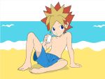  1boy beach blue_eyes child drinking_straw multicolored_hair sand saru_getchu shorts solo spiked_hair spikes swimsuit toes 