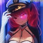  azur_lane breasts chain cleavage code_geass collar commentary elbow_gloves emphasis_lines english_commentary evil_smile geass gloves glowing glowing_eye hat honolulu_(azur_lane) large_breasts lelouch_lamperouge looking_at_viewer lumineko peaked_cap pun red_eyes red_hair smile twintails upper_body white_gloves 