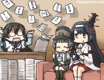  aiguillette anger_vein arare_(kantai_collection) arm_warmers black_hair black_legwear brown_eyes collared_shirt commentary_request couch cracked_lens dated desk detached_sleeves eating epaulettes floral_print food fusou_(kantai_collection) glasses hachimaki hair_ornament hamu_koutarou hat headband ice_cream kantai_collection kneehighs long_sleeves multiple_girls necktie nontraditional_miko ooyodo_(kantai_collection) paper_stack partially_translated ragequit remodel_(kantai_collection) school_uniform semi-rimless_eyewear serafuku shirt short_hair sparkle spoon sundae suspenders translation_request wing_collar 